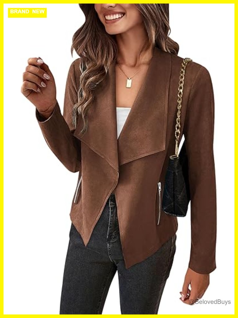 Women's Faux Suede Cropped Jacket With Waterfall Collar Open Front